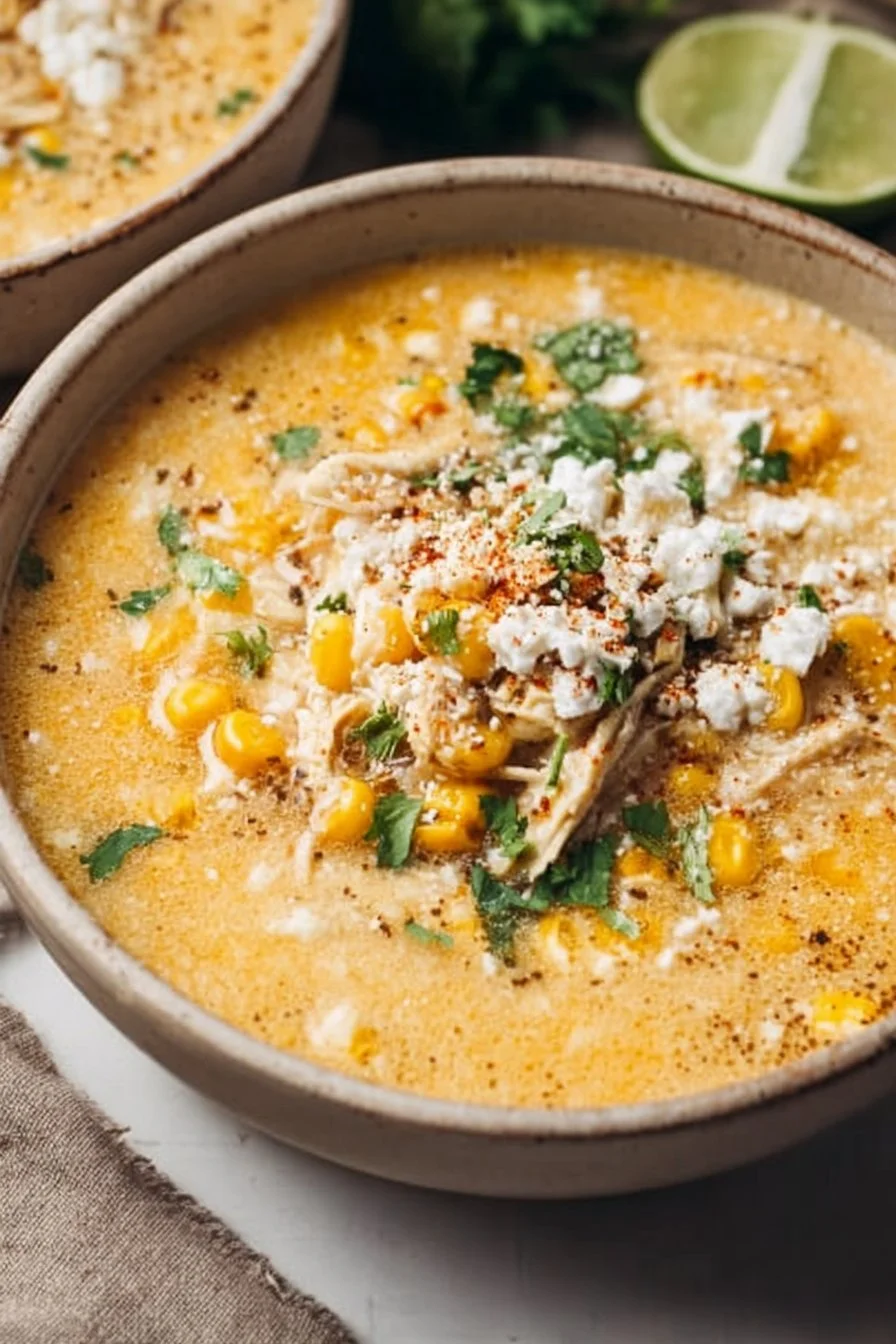 Bowl of Mexican Street Corn Soup topped with cheese and cilantro