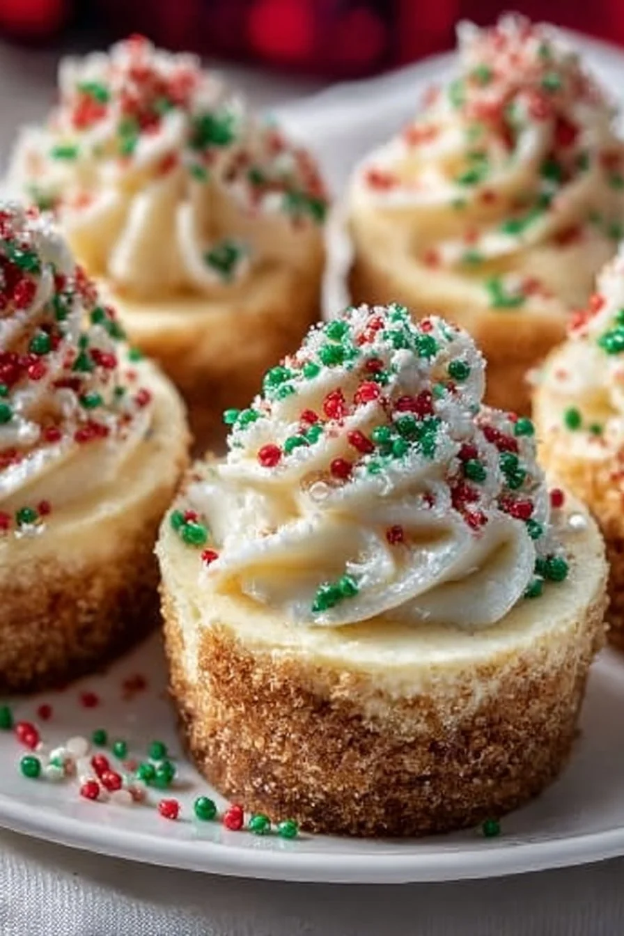 Mini Christmas cheesecakes decorated for holiday festivities