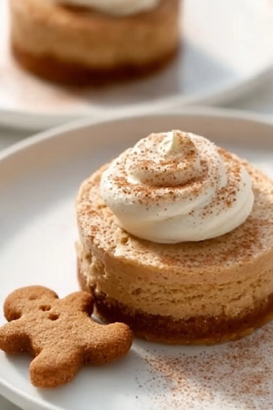 Mini Gingerbread Cheesecake with holiday decorations on a plate