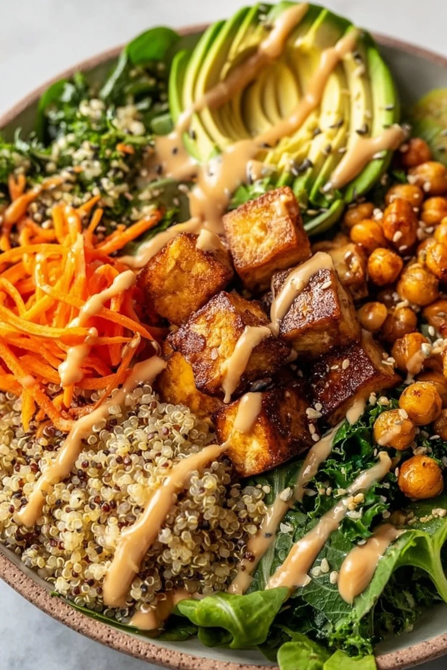Delicious bowl featuring miso glazed sweet potatoes and fresh vegetables