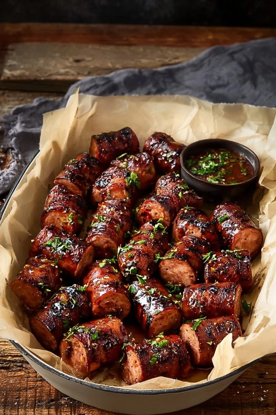 Mustard Hasselback Kielbasa Bites served on a platter for appetizers