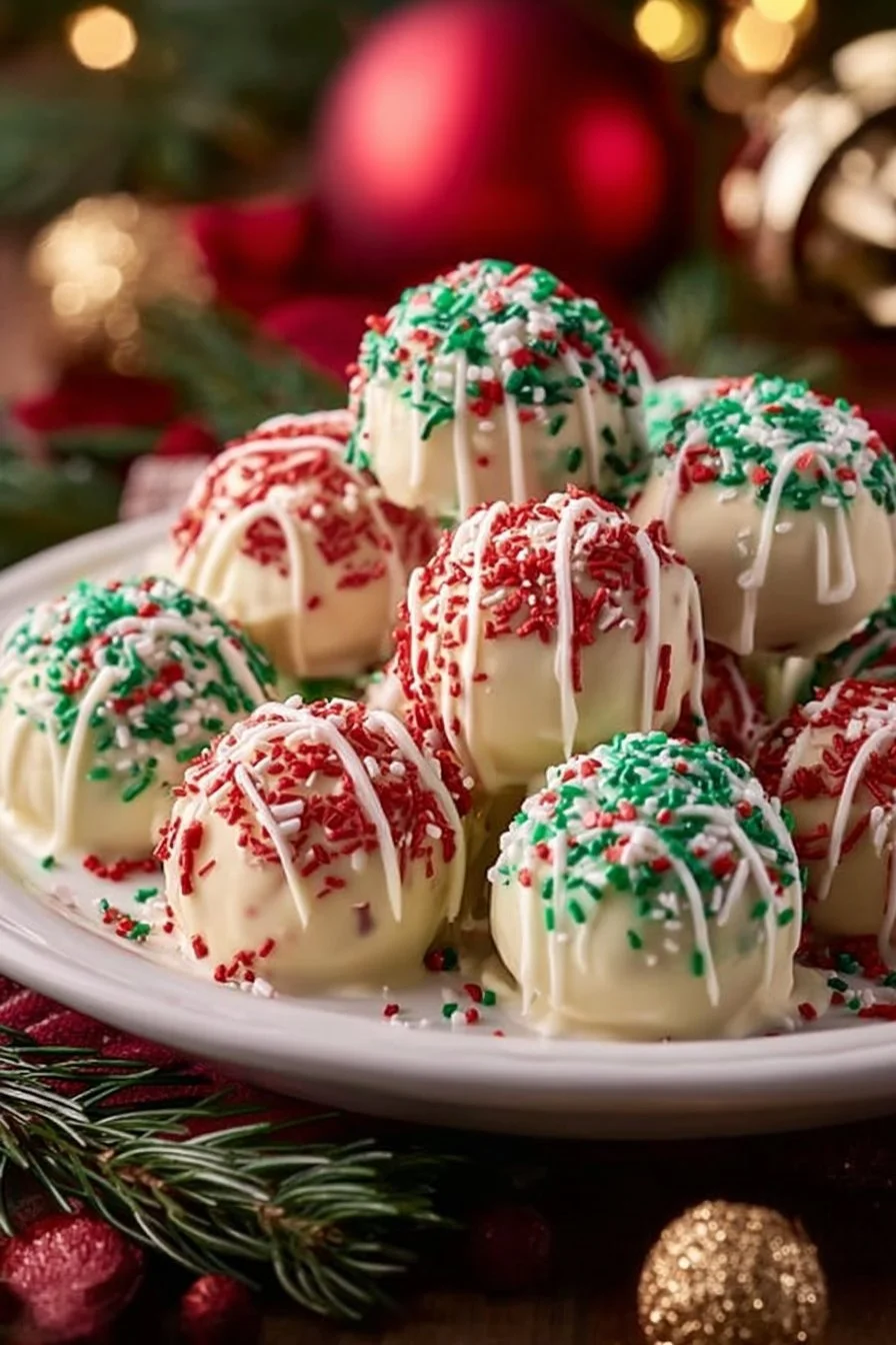 No-bake Christmas cheesecake bites on a festive platter.