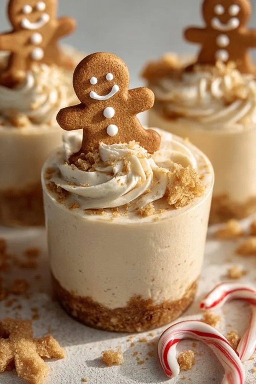 No-Bake Gingerbread Cheesecake Cups topped with gingerbread crumbs and whipped cream