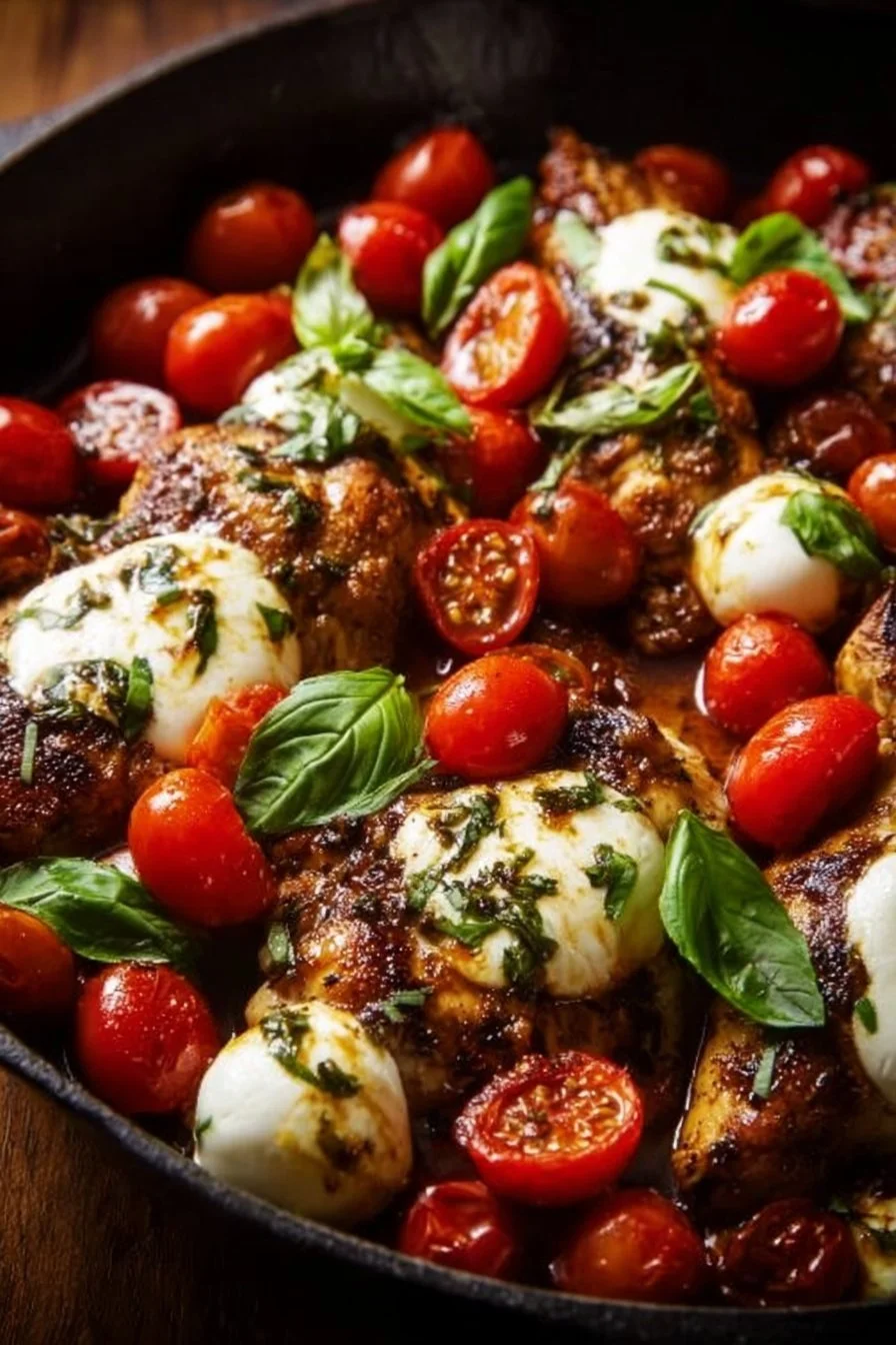 One-pan balsamic chicken dish with vegetables and herbs