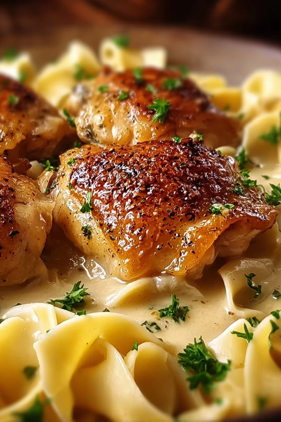 One-Pan Chicken with Buttered Noodles served on a plate