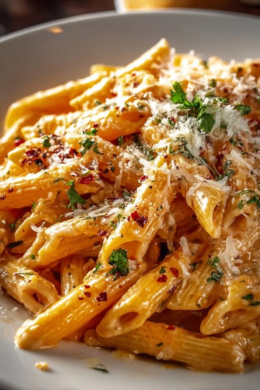 Delicious One Pot Creamy Garlic Pasta served in a white bowl