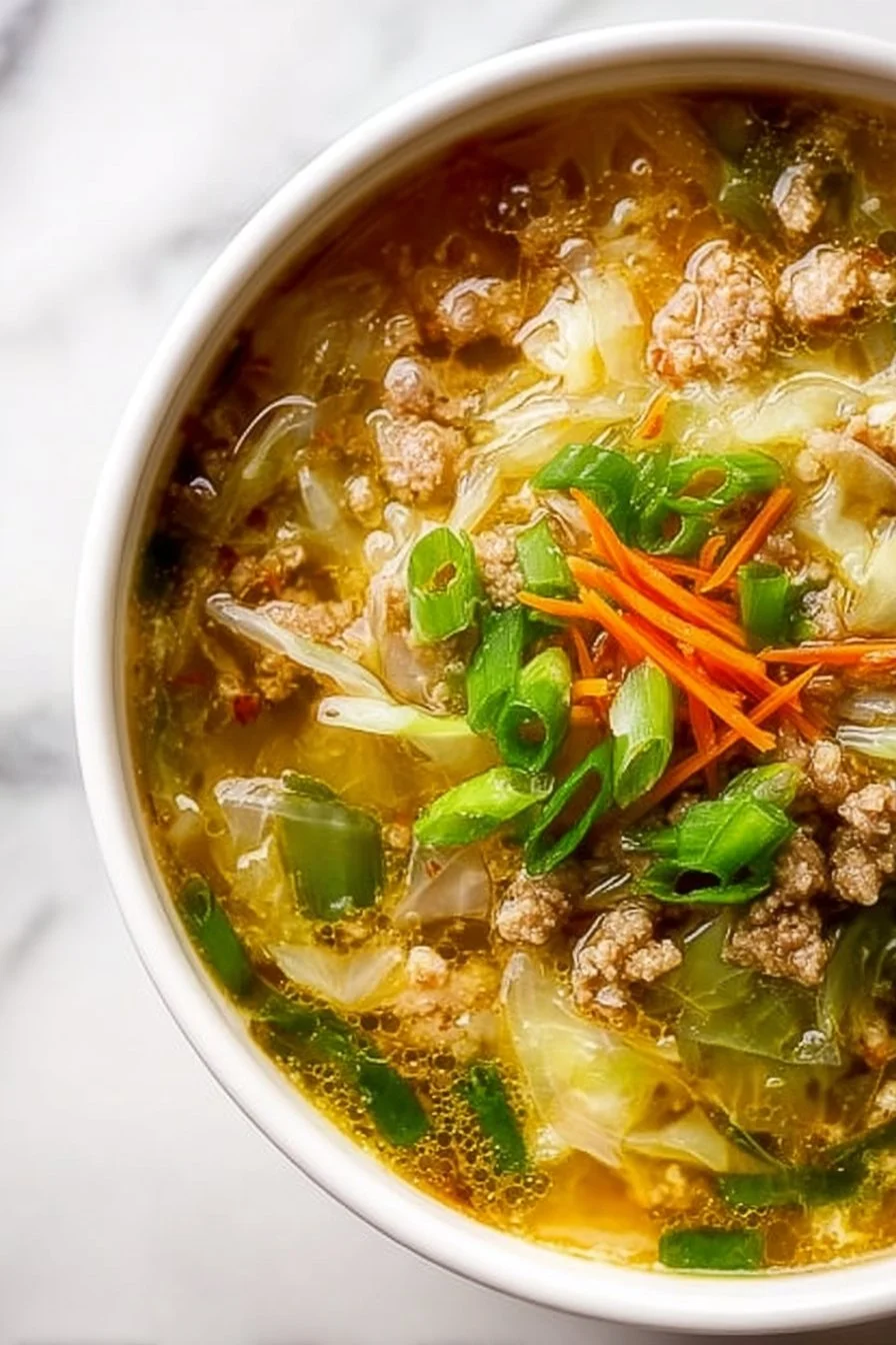 Bowl of Paleo Egg Roll Soup garnished with green onions