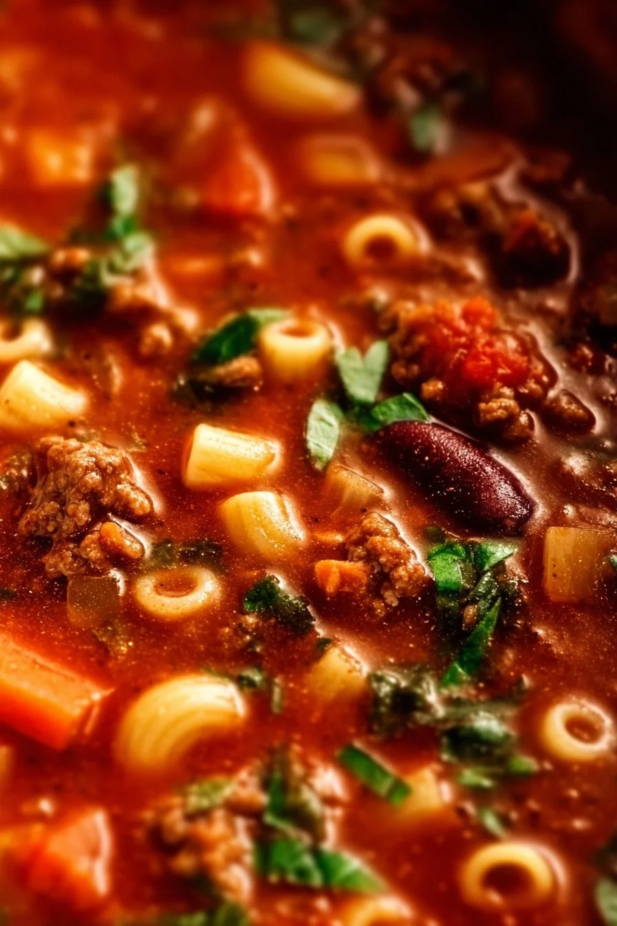 Bowl of delicious Pasta and Beans topped with fresh herbs.