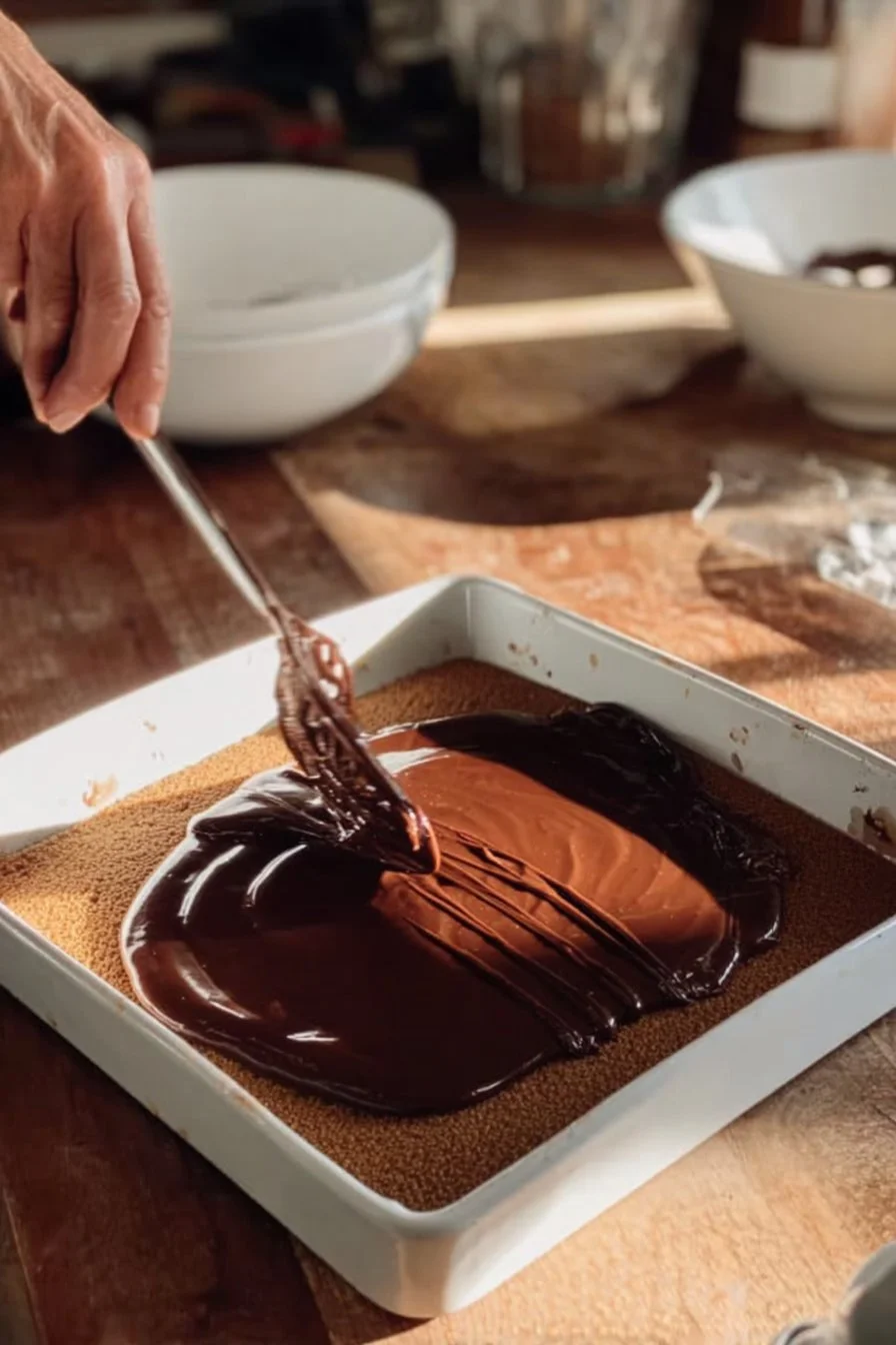 Homemade peanut butter bars topped with chocolate and nuts