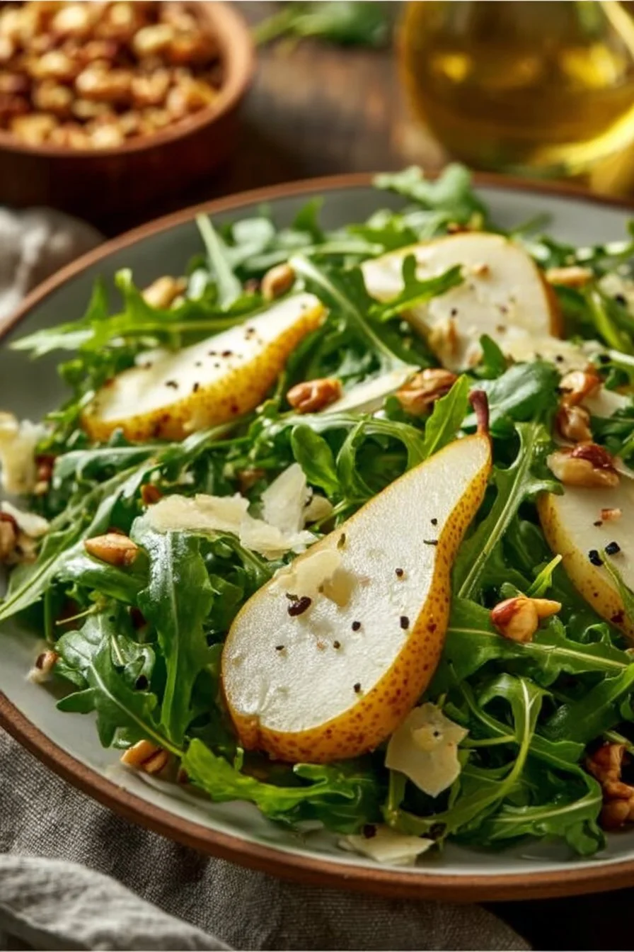 Fresh Pear and Arugula Salad with nuts and cheese on a plate