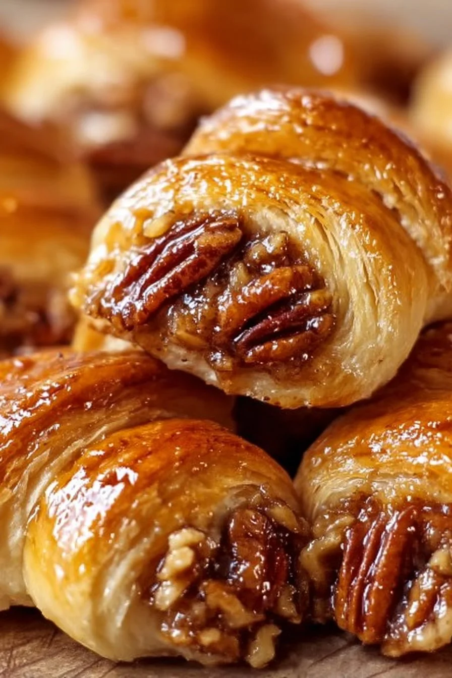 Delicious pecan pie crescent rolls on a plate, garnished with pecans.