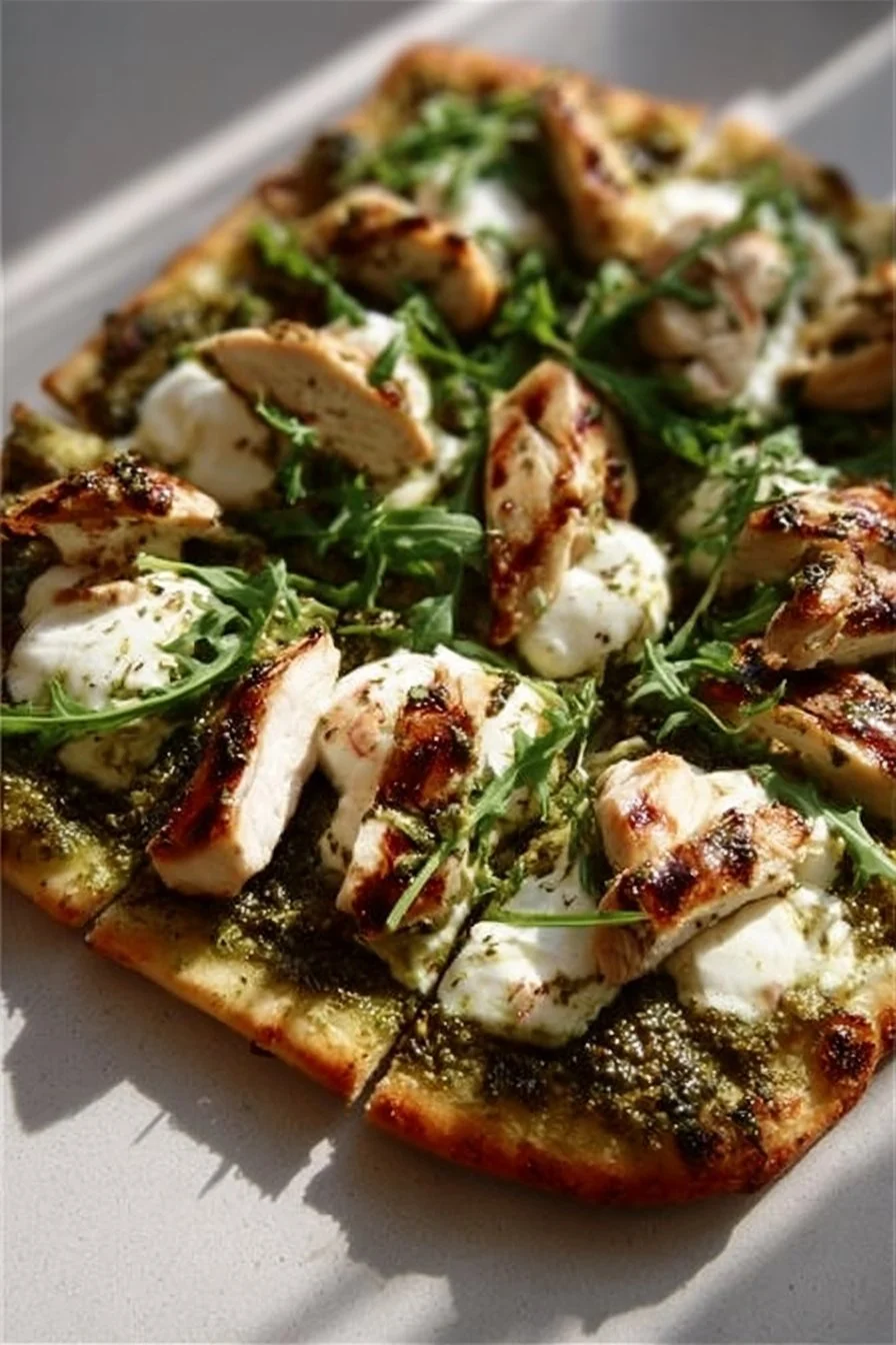 Pesto chicken flatbread topped with fresh ingredients and vibrant green pesto.
