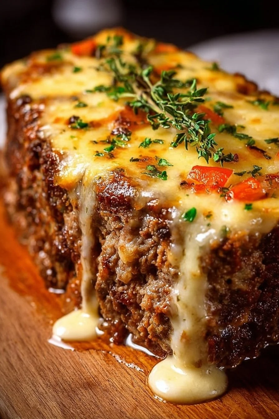 Philly cheesesteak meatloaf served with melted cheese and peppers