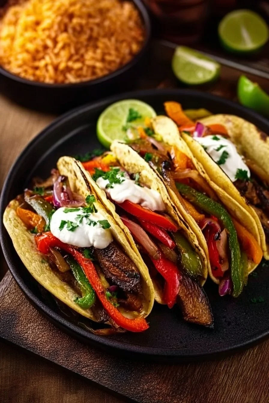 Plate of Portobello Vegan Fajitas with colorful peppers and onions