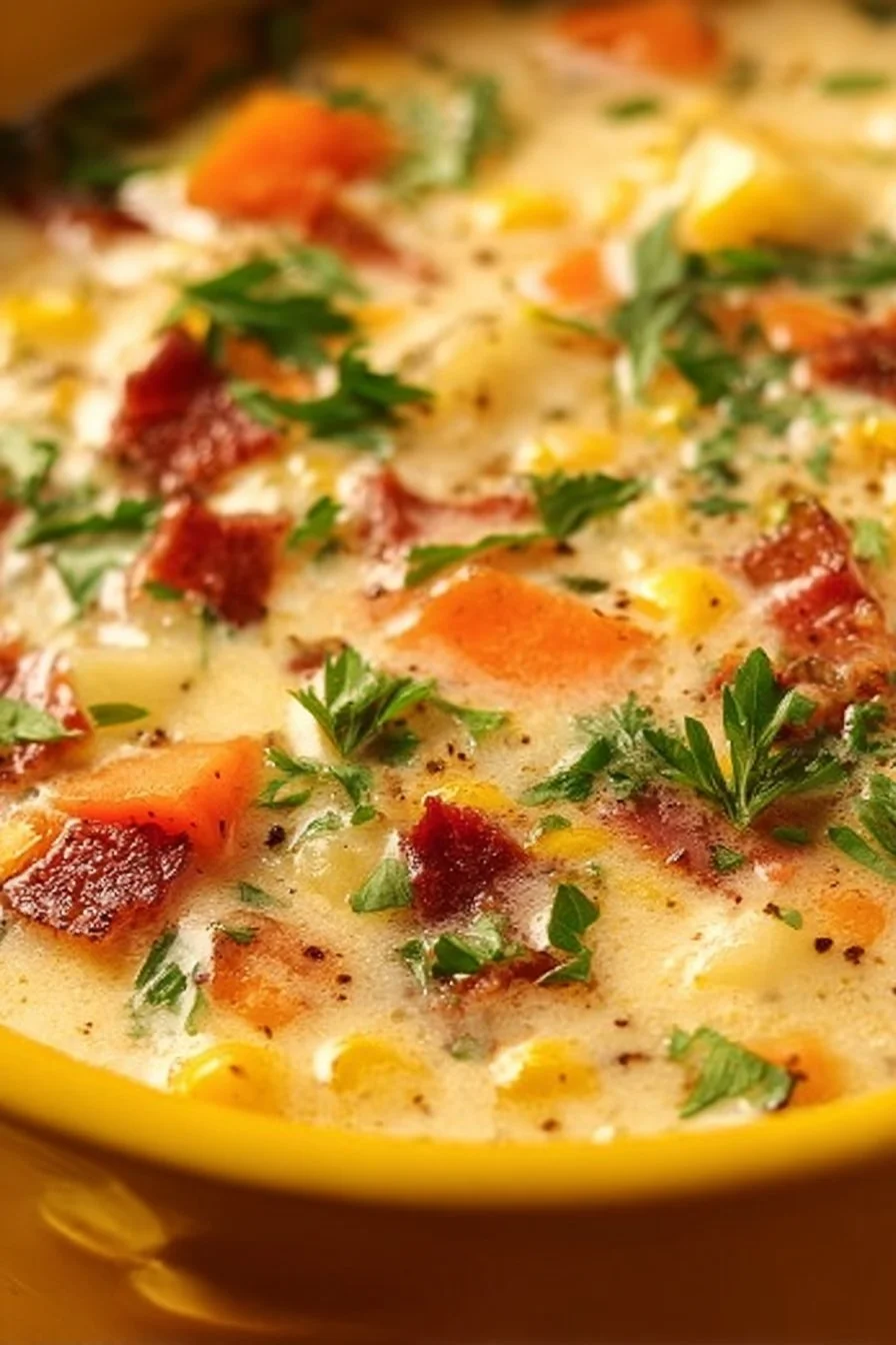 A bowl of creamy potato corn chowder garnished with herbs