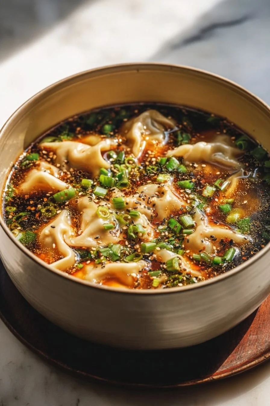 A warm bowl of potsticker soup garnished with green onions and cilantro