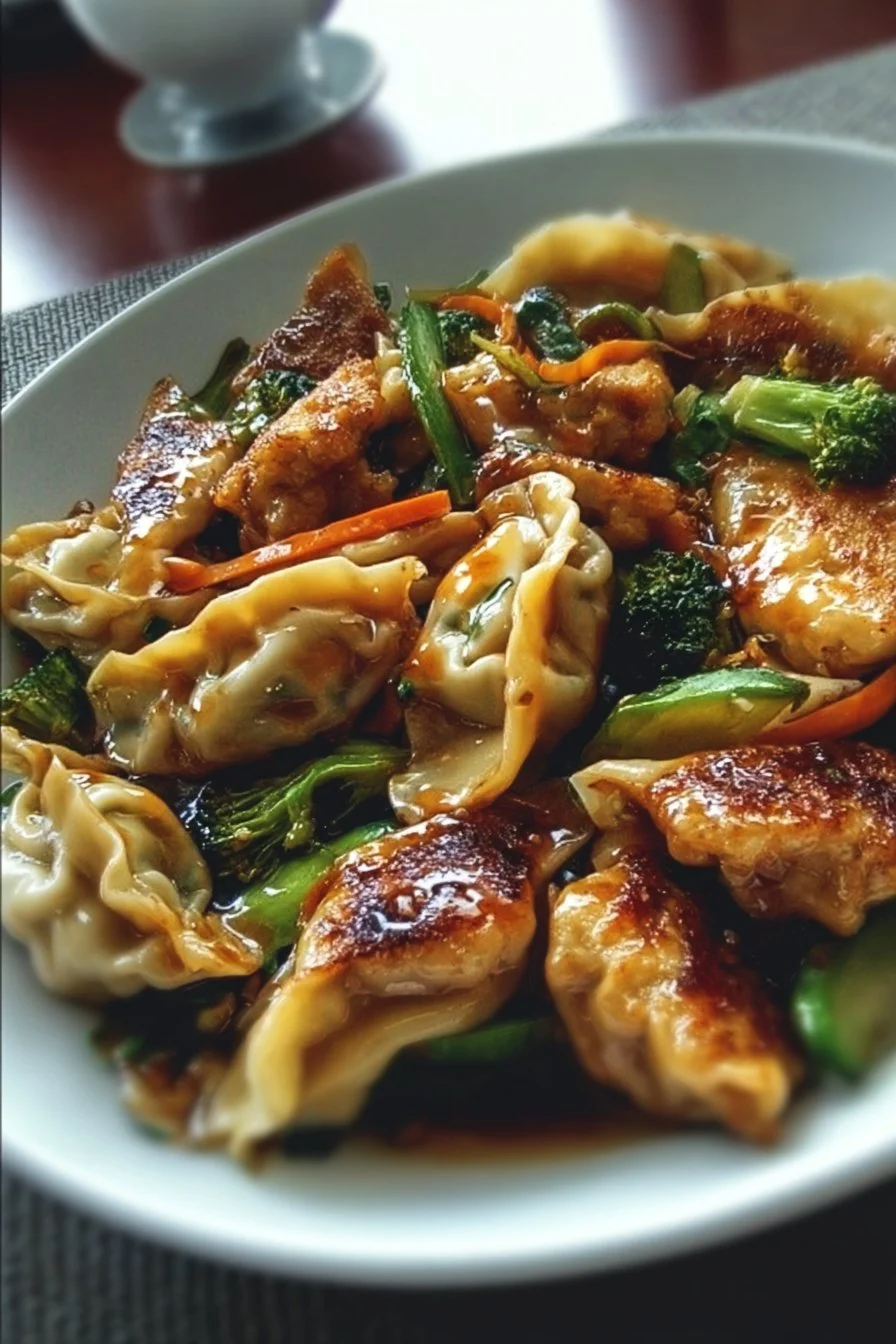 Delicious potsticker stir fry with colorful vegetables and savory sauce