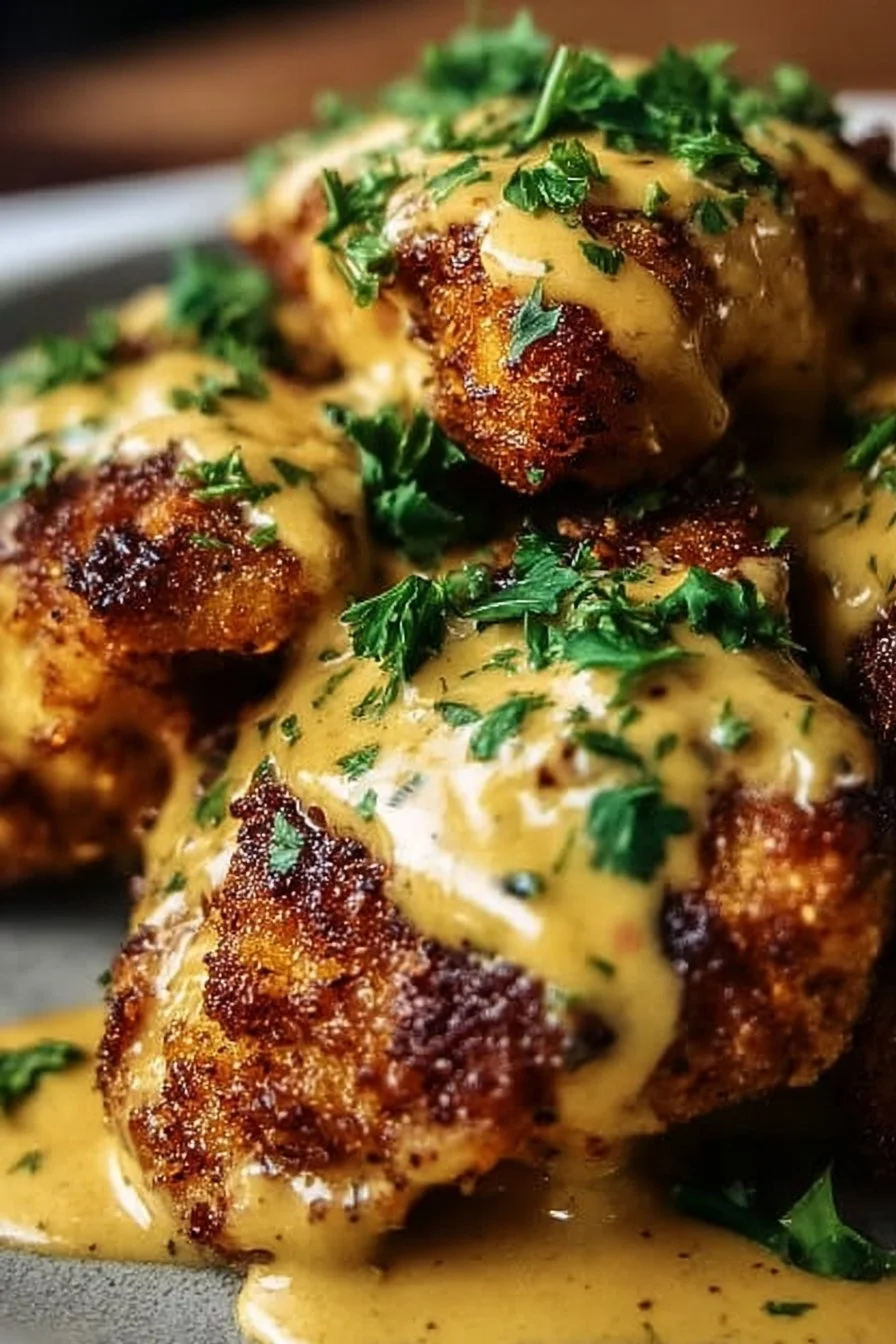 Delicious Pretzel Chicken served with mustard-cheddar sauce on a plate.