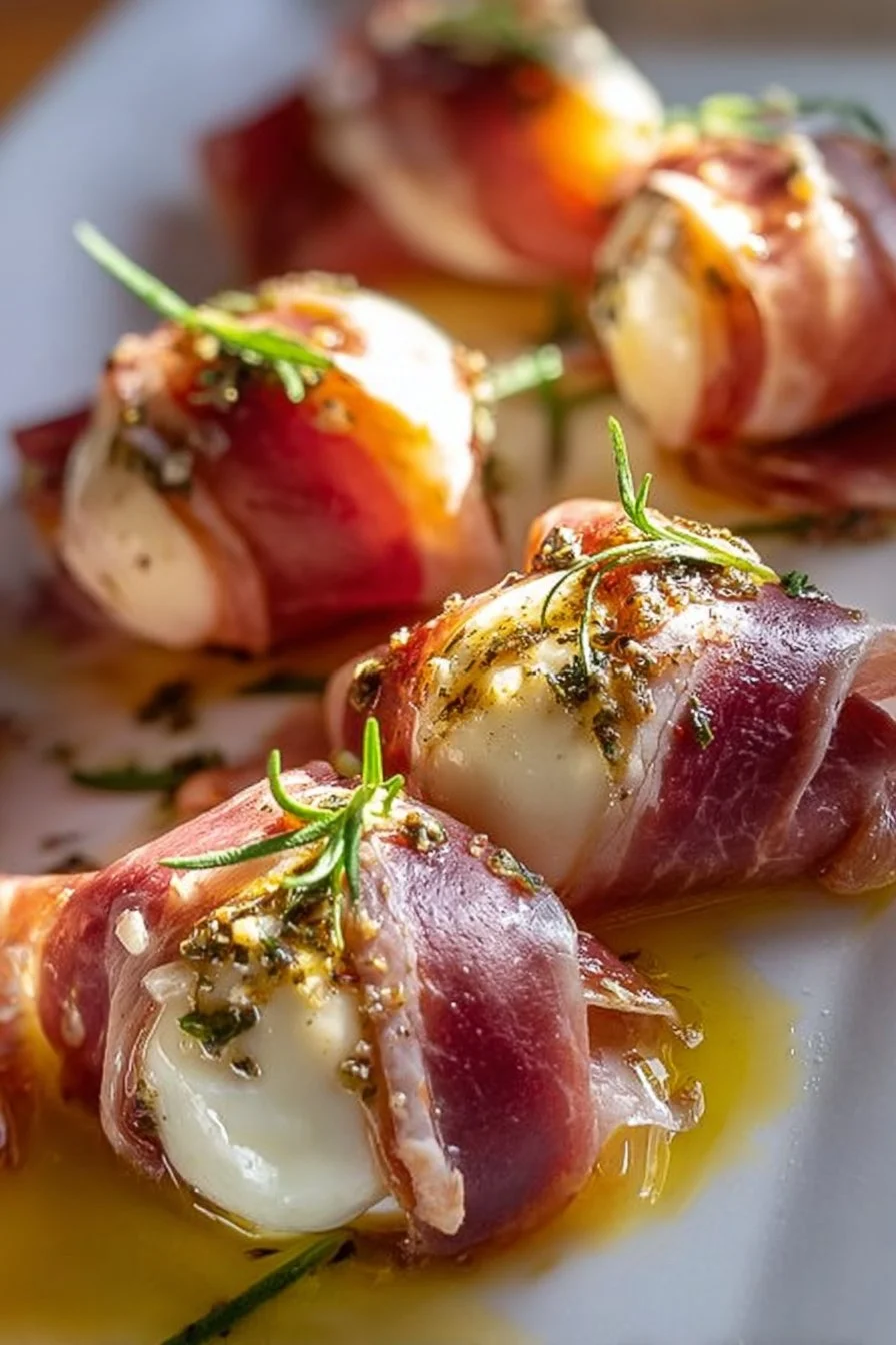 Delicious prosciutto wrapped mozzarella bites ready to be served