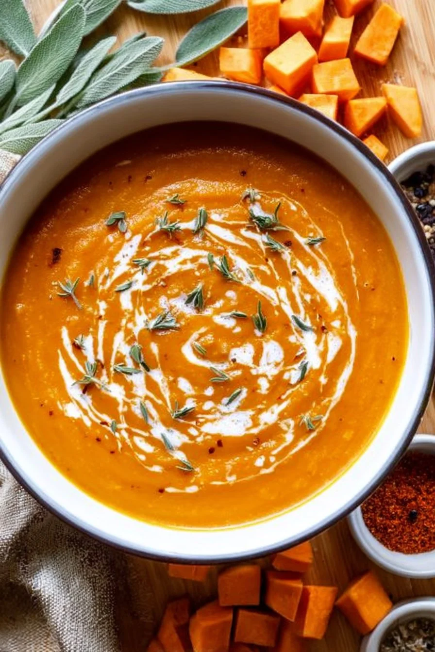 Bowl of creamy pumpkin and sweet potato soup garnished with herbs