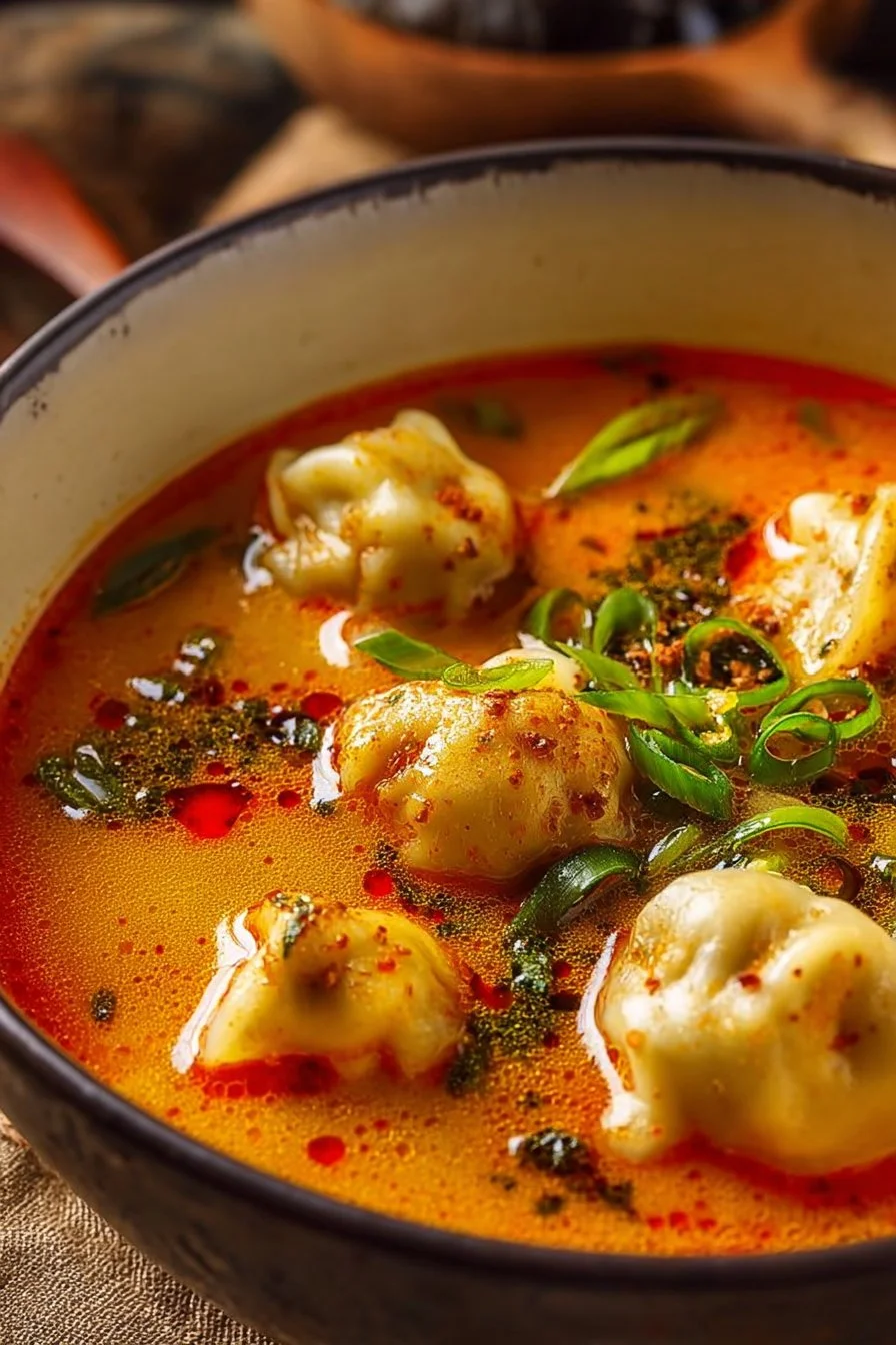 Bowl of quick coconut curry soup with dumplings topped with fresh herbs