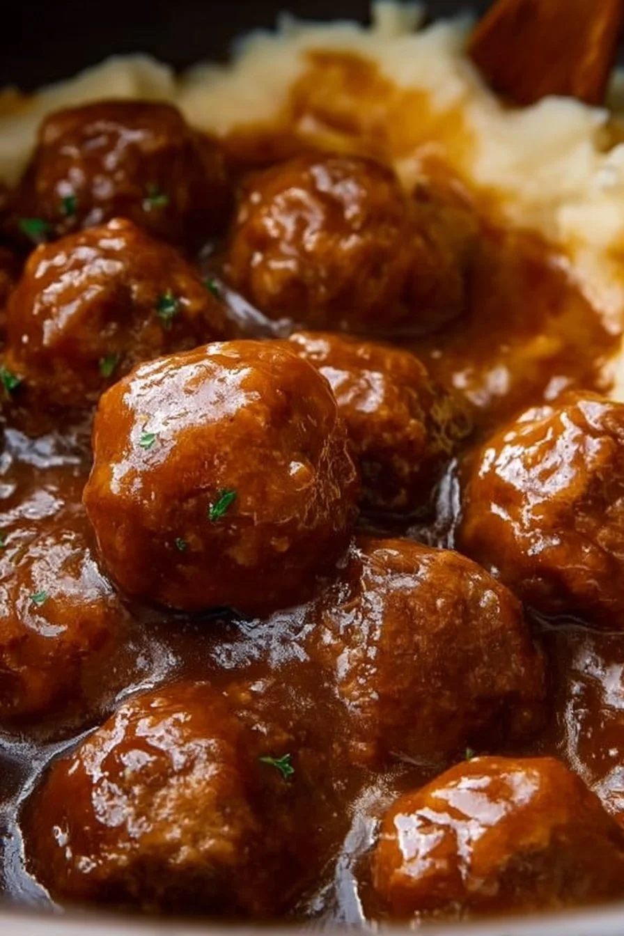 A delicious plate of slow cooker Salisbury steak meatballs served with gravy.