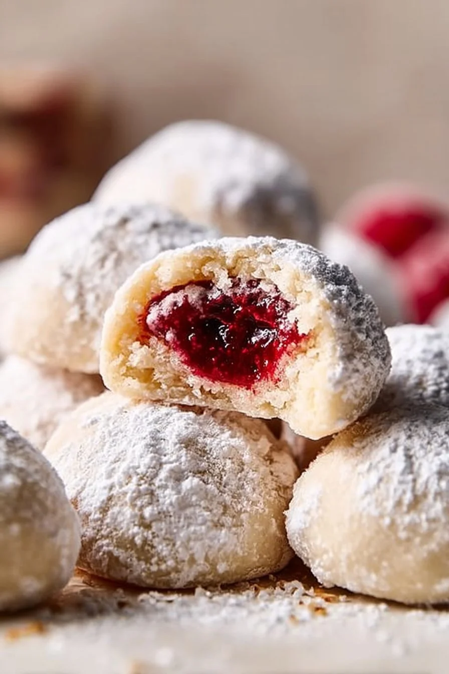 Delicious Raspberry Almond Snowball Cookies dusted with powdered sugar