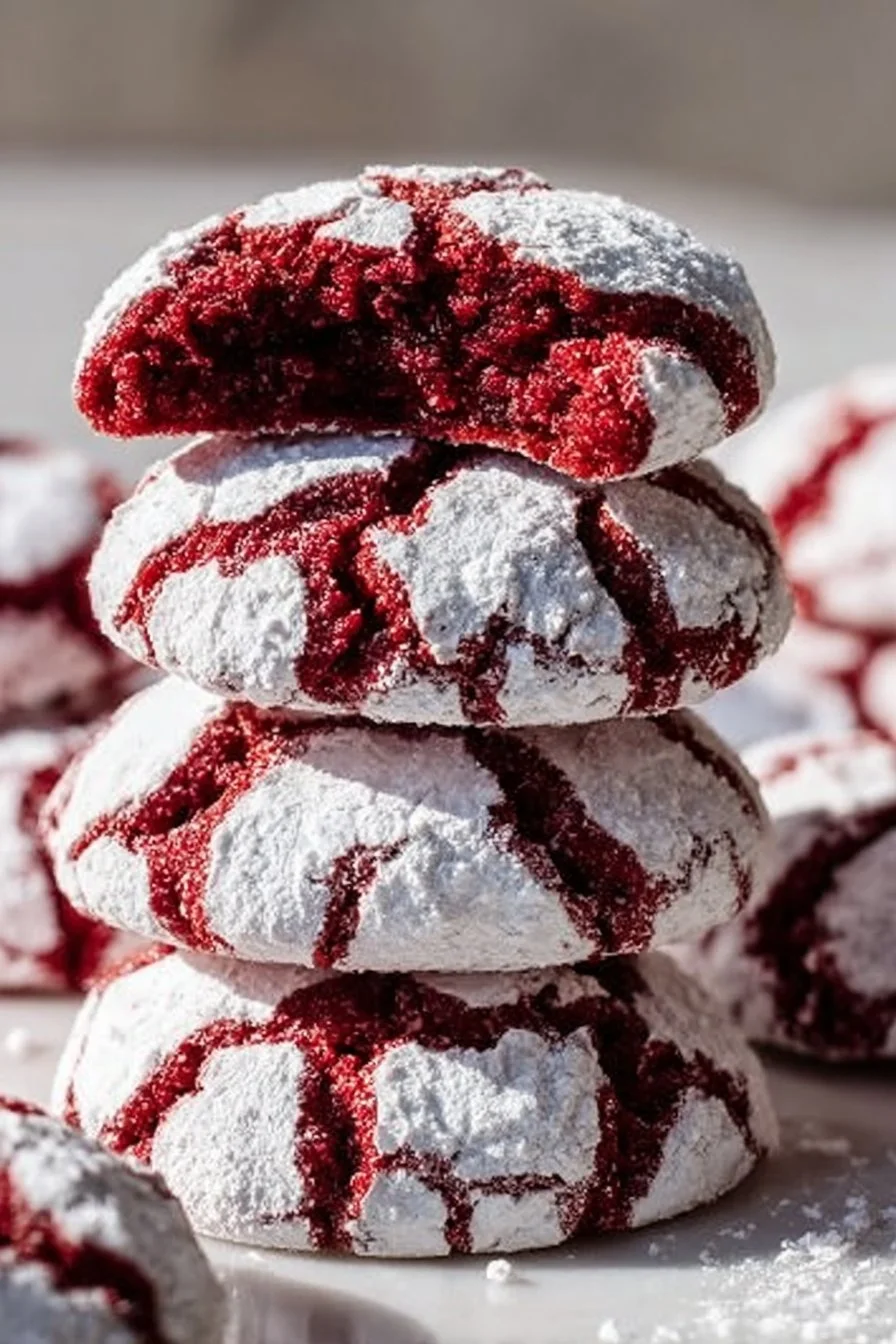 Delicious Red Velvet Crinkle Cookies on a baking tray.