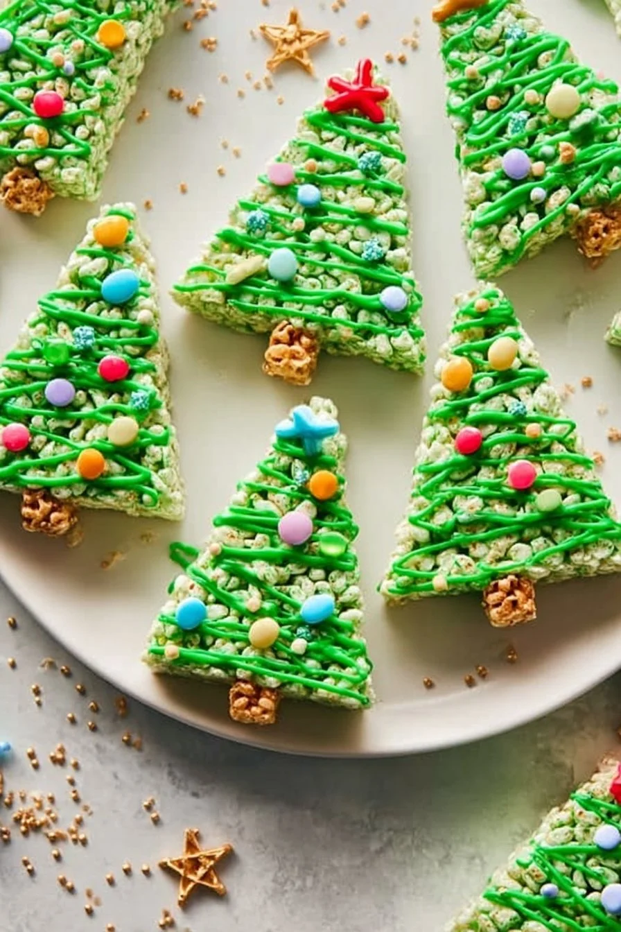 Festive Rice Krispie Christmas Trees decorated with colorful toppings.