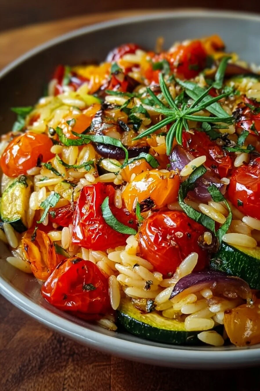 Bowl of roasted vegetable orzo topped with fresh herbs and vibrant veggies.