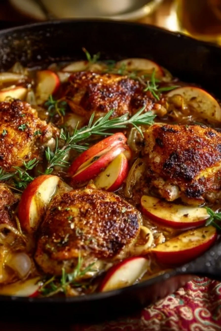 Delicious Rosemary Apple Cider Chicken served with herbs and apples.