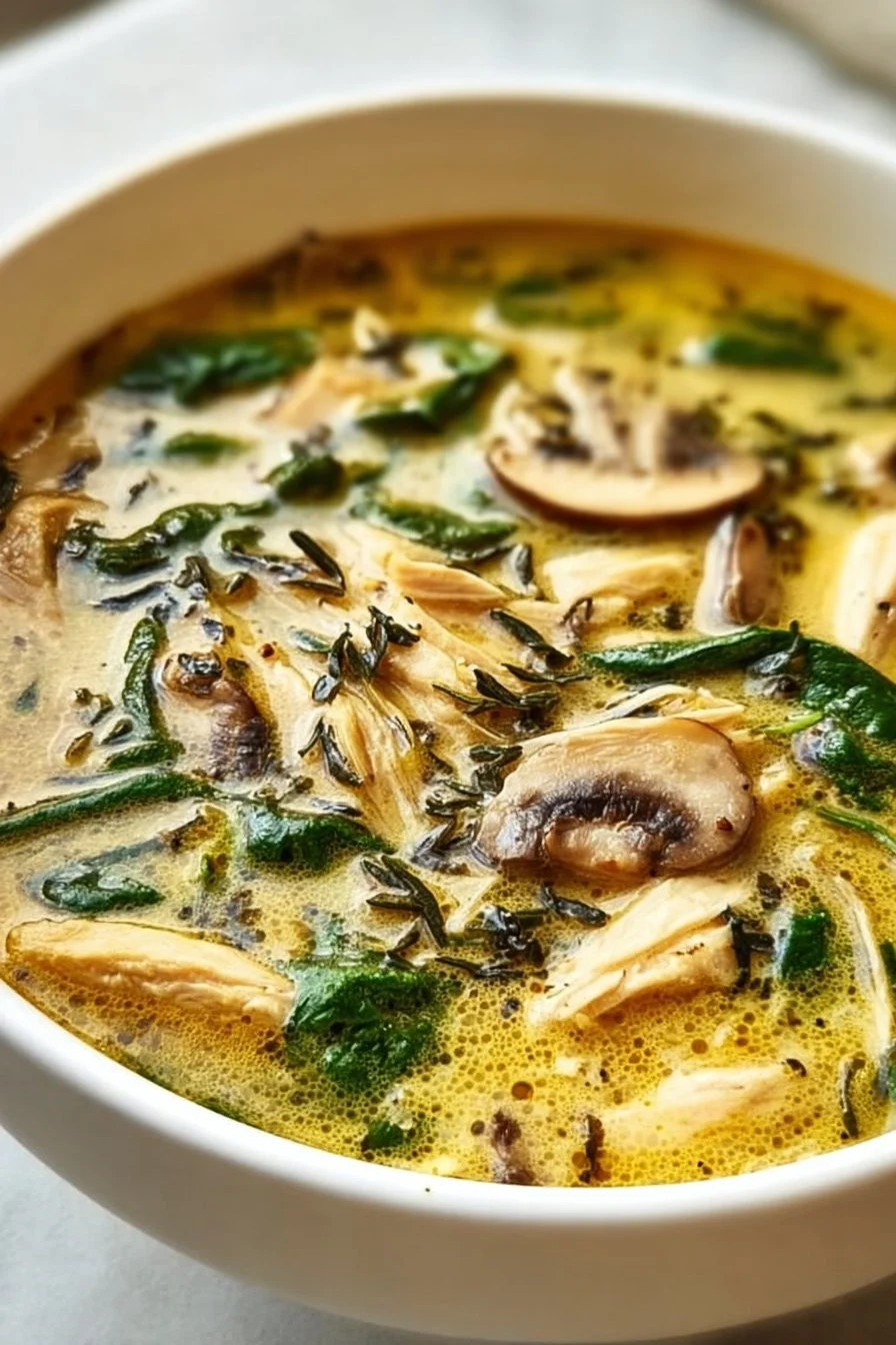 Bowl of delicious rotisserie chicken mushroom soup ready to serve