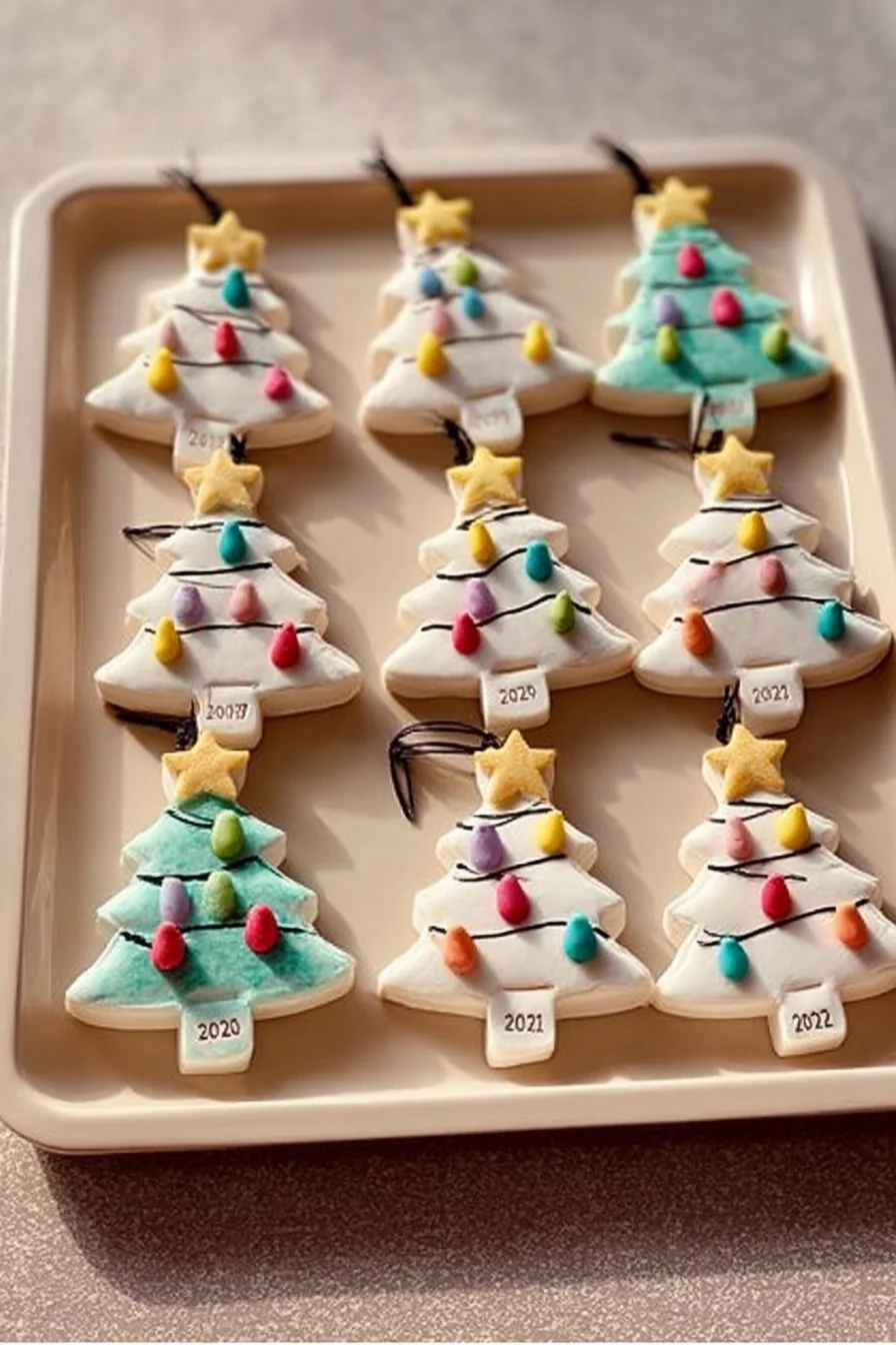 Salt dough fingerprint Christmas tree ornaments for holiday decorations.