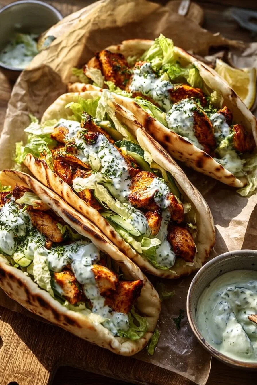 Sheet pan chicken pitas served with herby ranch dressing on the side