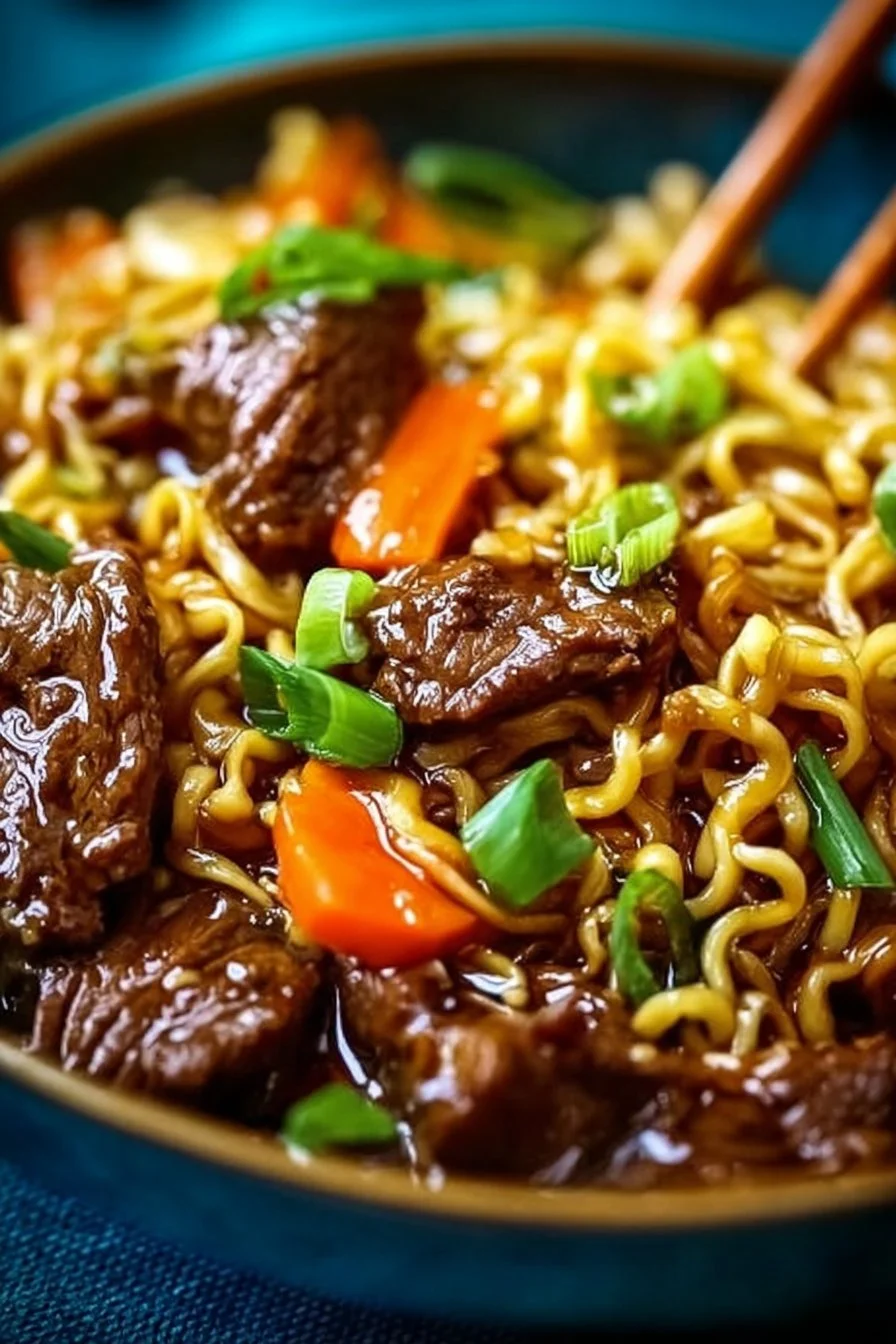 Bowl of slow cooker beef ramen noodles with fresh vegetables and herbs