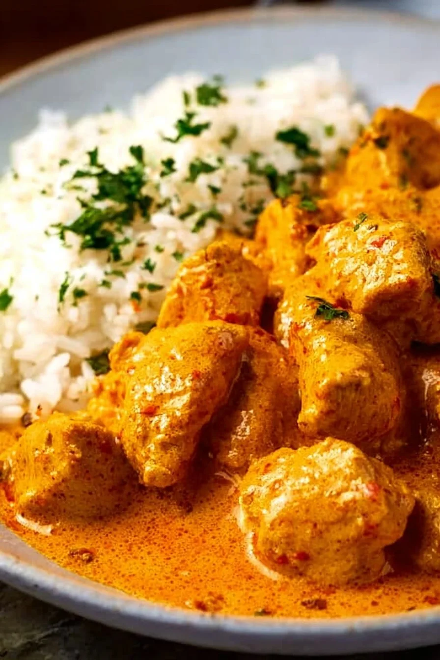 Delicious slow cooker butter chicken served with rice and herbs