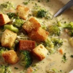 Bowl of creamy Smoked Gouda Broccoli Soup garnished with fresh broccoli and cheese.