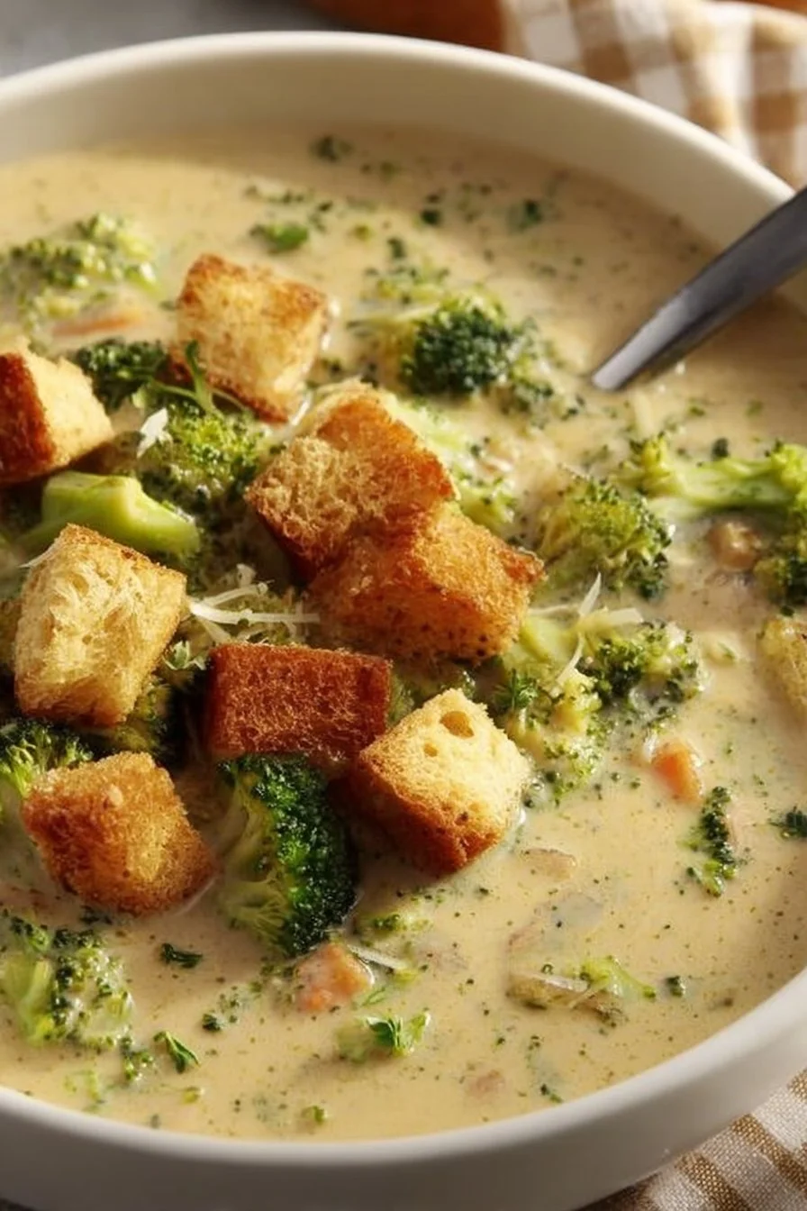 Bowl of creamy Smoked Gouda Broccoli Soup garnished with fresh broccoli and cheese.
