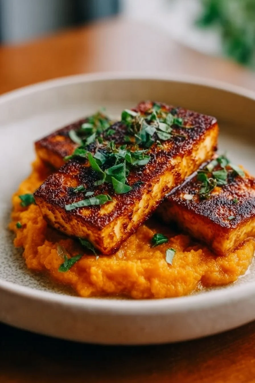 Smoky tofu steak served with creamy mashed sweet potatoes on a plate