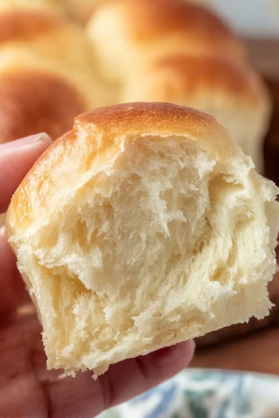 Freshly baked sourdough Hawaiian rolls on a wooden table