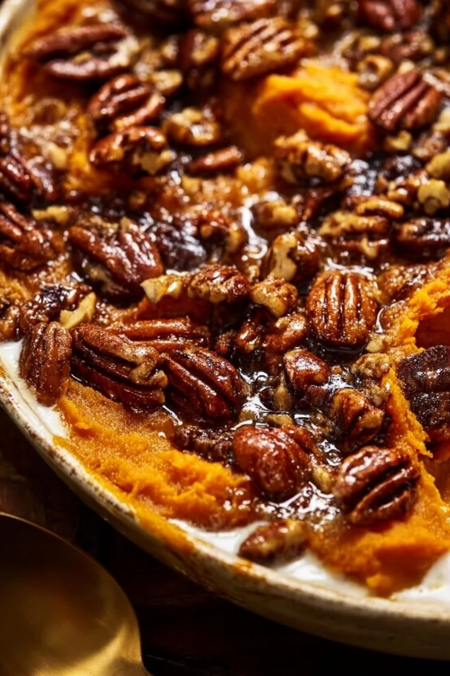 Delicious Southern Maple Sweet Potato Casserole topped with pecans and marshmallows