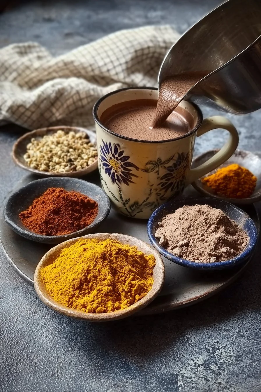 Delicious spiced hot cocoa in a cozy mug topped with whipped cream