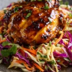 Delicious sticky apple cider chicken served with autumn slaw