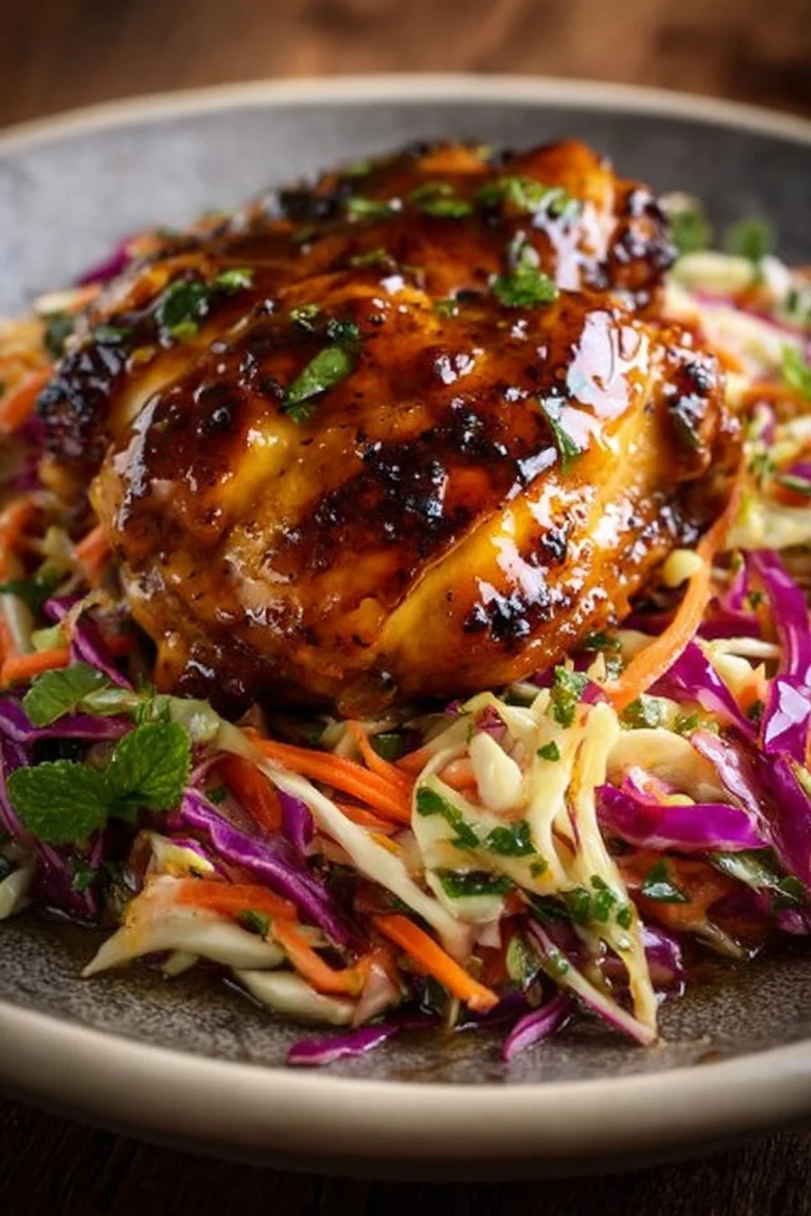 Delicious sticky apple cider chicken served with autumn slaw