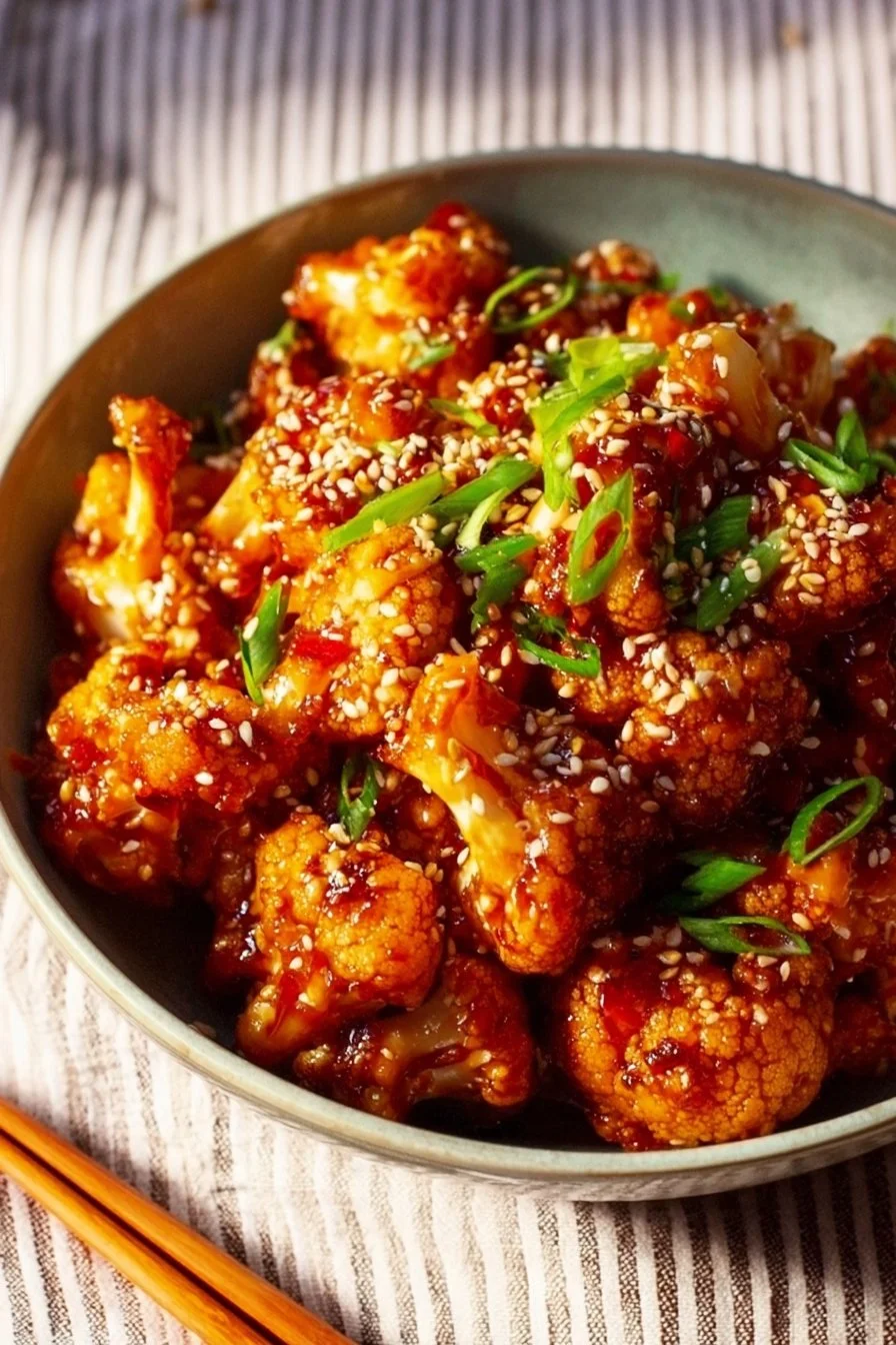 Sticky Sesame Cauliflower dish served on a plate with sesame seeds and green onions.