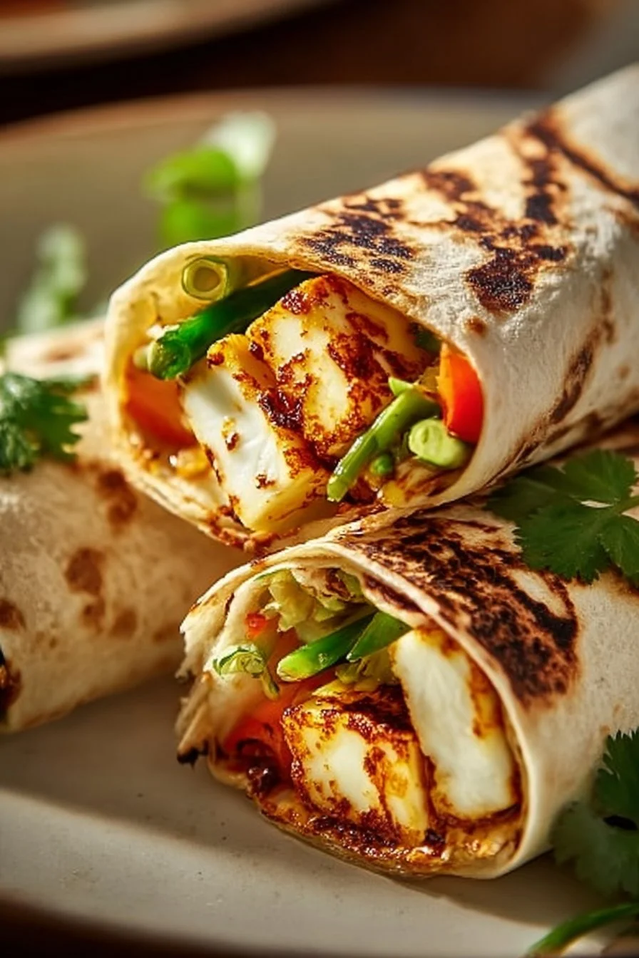 Sweet Chili Halloumi Wraps served with fresh vegetables and a spicy sauce