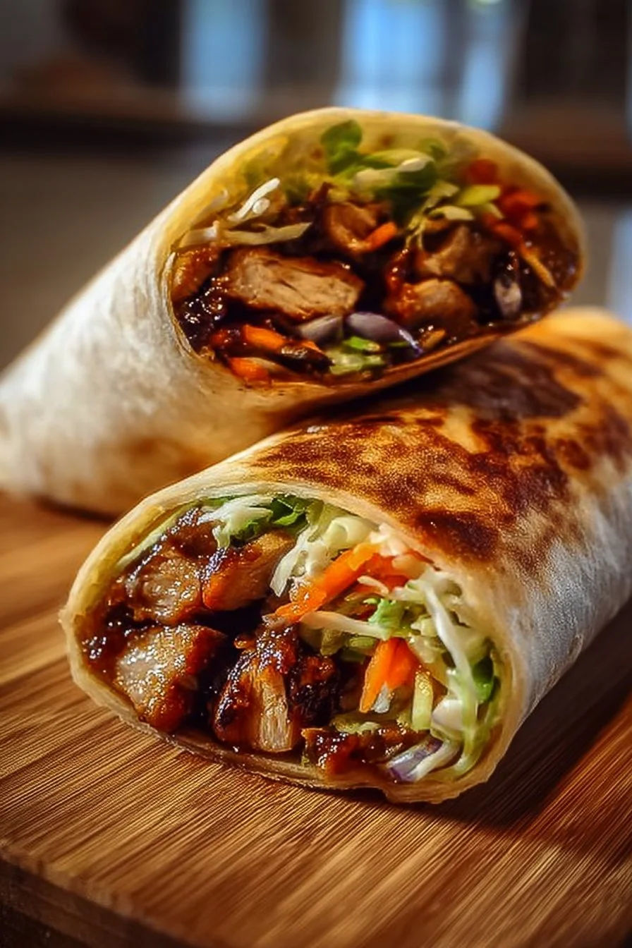 Teriyaki chicken wrap with fresh vegetables and sauce in a tortilla