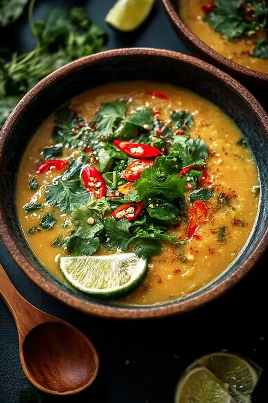A bowl of Thai Coconut Red Lentil Soup garnished with fresh herbs and spices.
