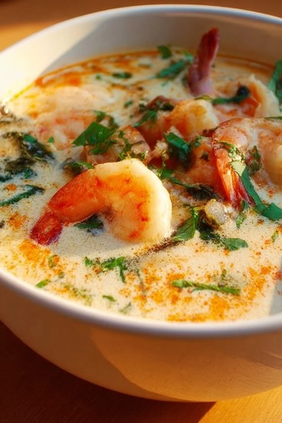 Bowl of delicious Thai Coconut Soup garnished with herbs and spices