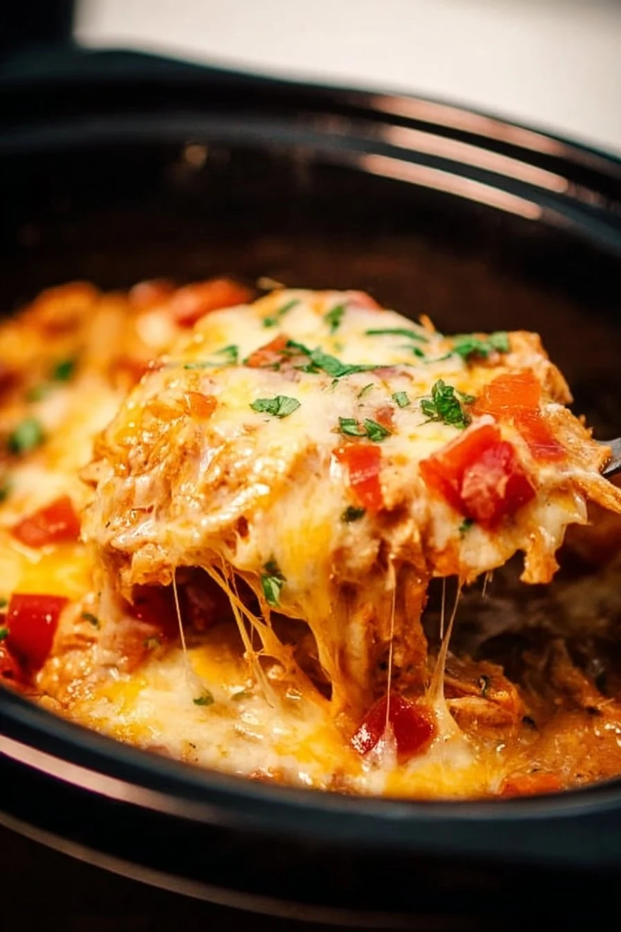 Cheesy slow cooker chicken enchilada casserole with shredded chicken and layers of flavor.